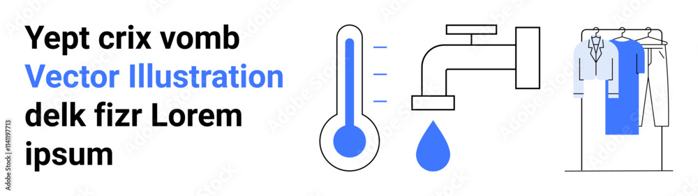 Thermometer showing temperature, faucet releasing water drop, clothes hanging on hanger. Ideal for household chores, laundry, water conservation, temperature control, cleanliness, hygiene Thermometer showing temperature, faucet releasing water drop, clothes hanging on hanger. Ideal for household chores, laundry, water conservation, temperature control, cleanliness, hygiene