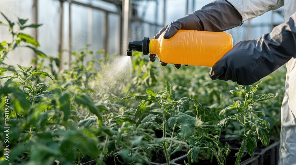Tomato grows in a greenhouse. Men is hands hold spray bottle Tomato grows in a greenhouse. Men is hands hold spray bottle