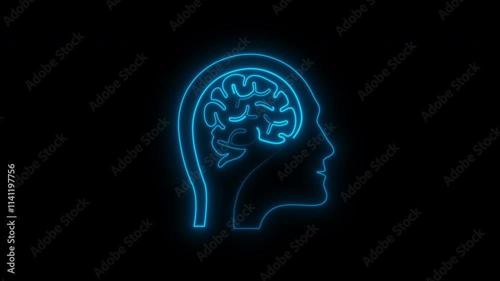 Glowing neon line Human head and brain icon