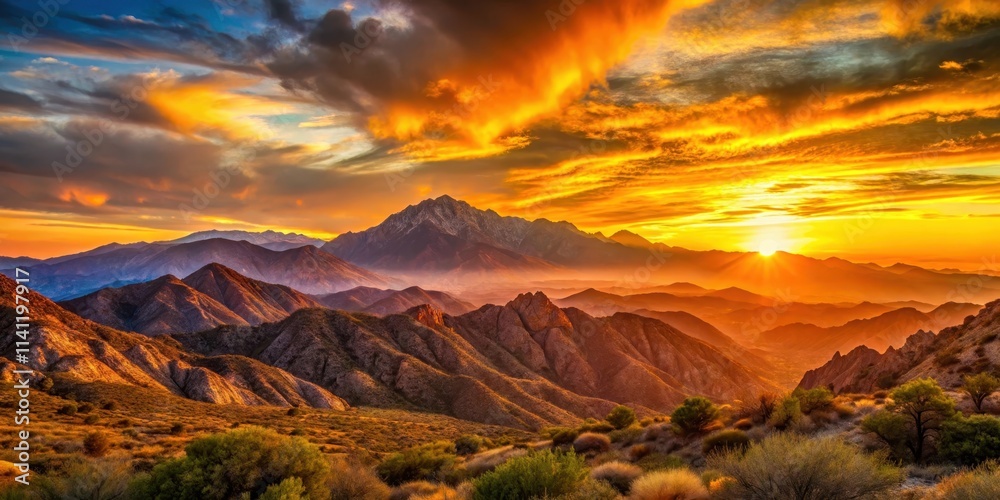 Naklejka premium Beautiful sunset casting a warm orange glow over the rugged California mountains , sunset, California, mountains, scenic