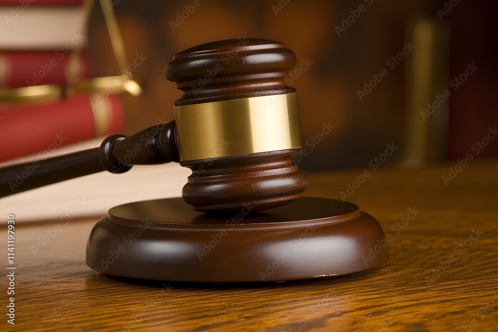 A wooden gavel is placed on a polished desk, indicating the seriousness of legal matters. Generative AI A wooden gavel is placed on a polished desk, indicating the seriousness of legal matters. Generative AI