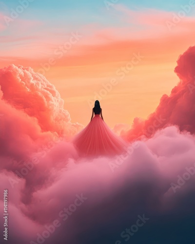 A woman in a flowing dress stands amidst vibrant clouds at sunset, evoking dreams.