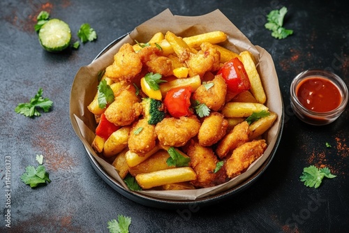 Delicious Irish Spice Bag with Chicken and Fries Served with Tangy Sauce in a Rustic Bowl on a Dark Background