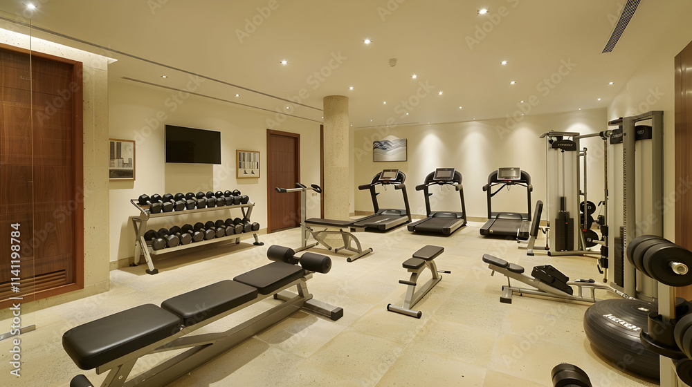 Gym with treadmills, weights, and machines. Gym with treadmills, weights, and machines.