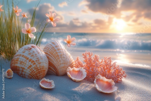 Vibrant Seashells and Coral on a Sunlit Beach with Crystal Clear Ocean Waves photo