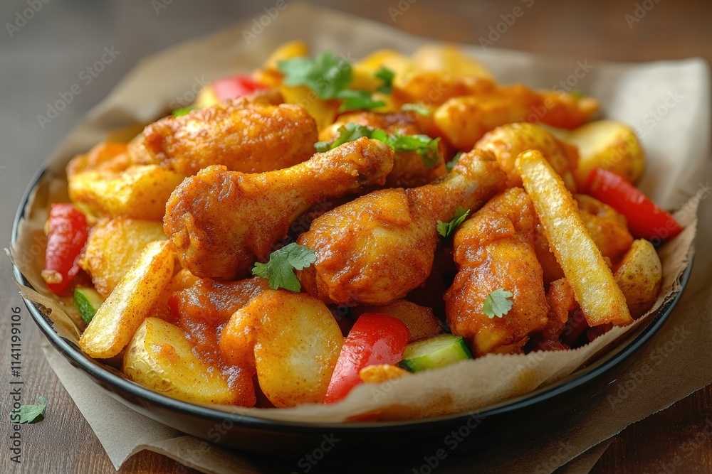 Delicious Irish Spice Chicken and Potato Dish Served as Takeaway Food on a Rustic Wooden Table, Perfect for Any Culinary Occasion