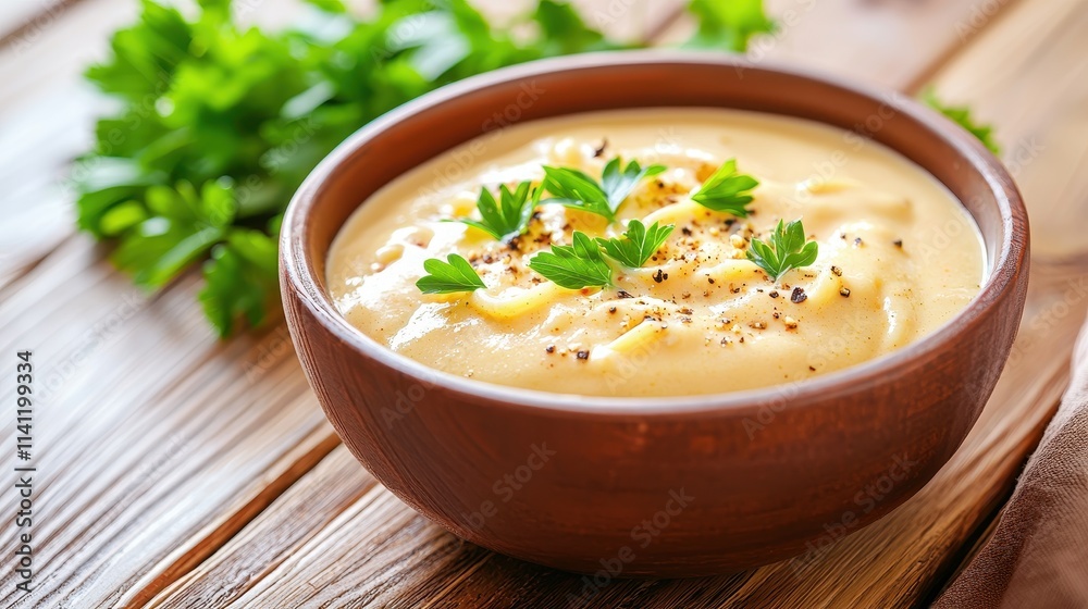 italian food Creamy soup served in a rustic bowl garnished with fresh herbs on a wooden table italian food Creamy soup served in a rustic bowl garnished with fresh herbs on a wooden table
