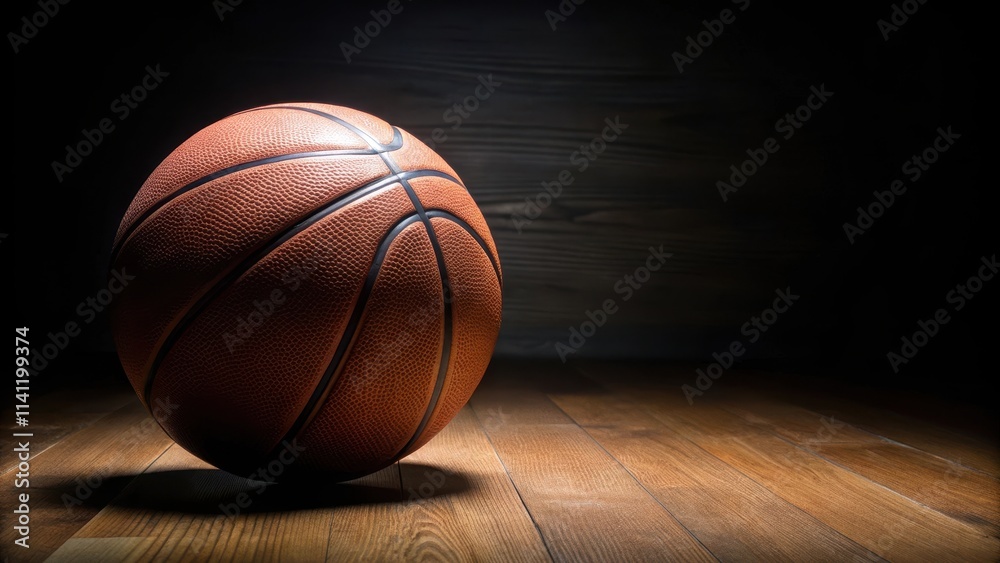Basketball resting on dark wood floor in low light ambiance, basketball, wooden floor, dimly lit room, sports Basketball resting on dark wood floor in low light ambiance, basketball, wooden floor, dimly lit room, sports