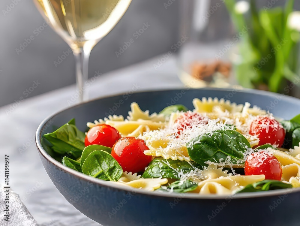 italian food Fresh Pasta Salad with Cherry Tomatoes and Spinach Garnished with Cheese italian food Fresh Pasta Salad with Cherry Tomatoes and Spinach Garnished with Cheese