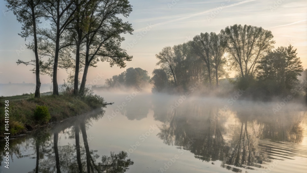 Early Morning Fog Over Calm River with Tree Reflections Early Morning Fog Over Calm River with Tree Reflections