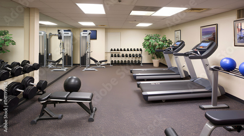 Indoor gym with equipment, dumbbells, treadmills, and exercise balls.
