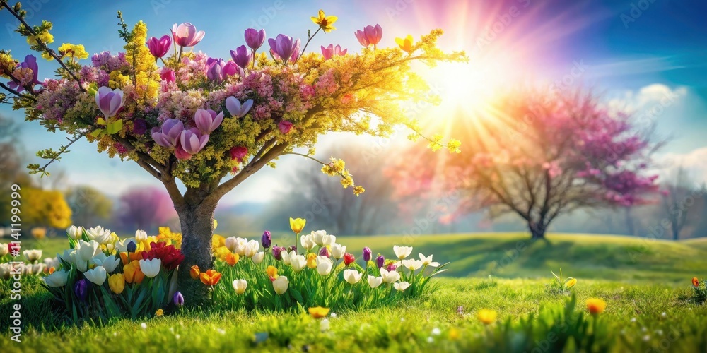 Fototapeta premium Colorful spring flowers bloom under sunny sky on lush green grass near a blooming tree in heart shape, nature scene, spring flowers