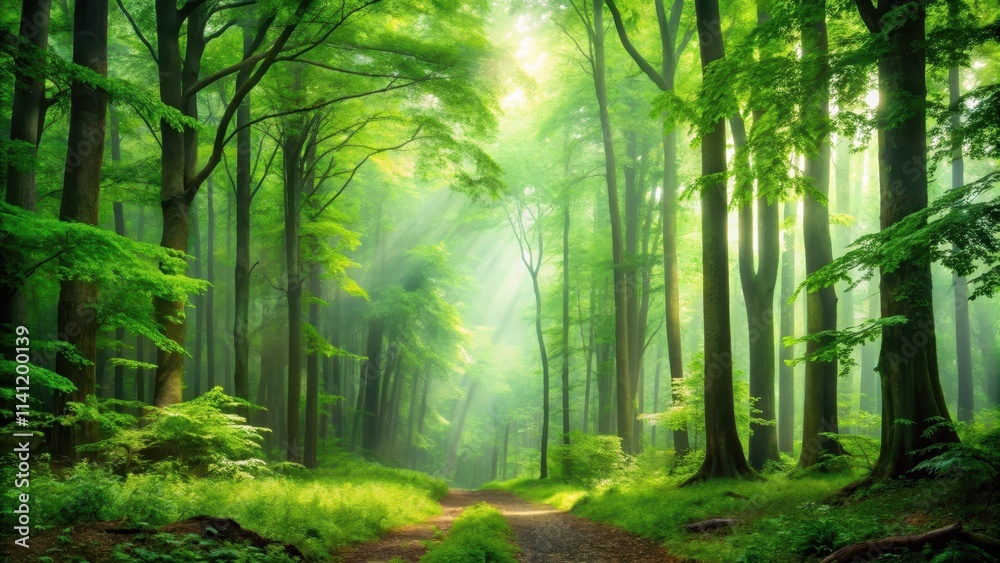 A lush green forest with tall trees and vibrant foliage, surrounded by a misty atmosphere, green canopy A lush green forest with tall trees and vibrant foliage, surrounded by a misty atmosphere, green canopy