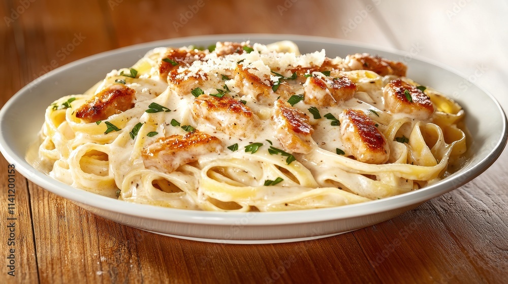 Creamy Fettuccine Alfredo with Grilled Chicken and Fresh Parsley Garnish Italian food