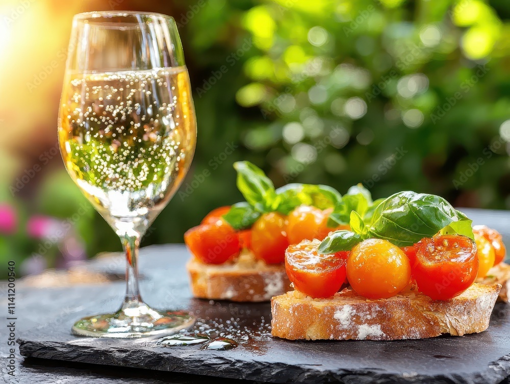 Delicious bruschetta with fresh tomatoes and basil served with sparkling beverage Italian food Delicious bruschetta with fresh tomatoes and basil served with sparkling beverage Italian food
