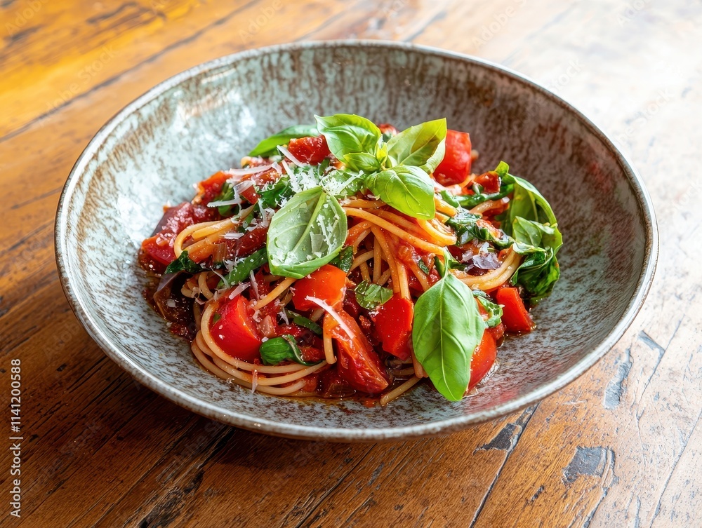 Delicious homemade pasta with fresh basil and vibrant tomato sauce in artisan bowl Italian food Delicious homemade pasta with fresh basil and vibrant tomato sauce in artisan bowl Italian food