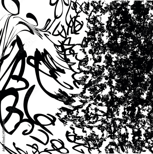 An abstraction in the form of large distorted symbols and a thickening spotty mass on one side of the image.