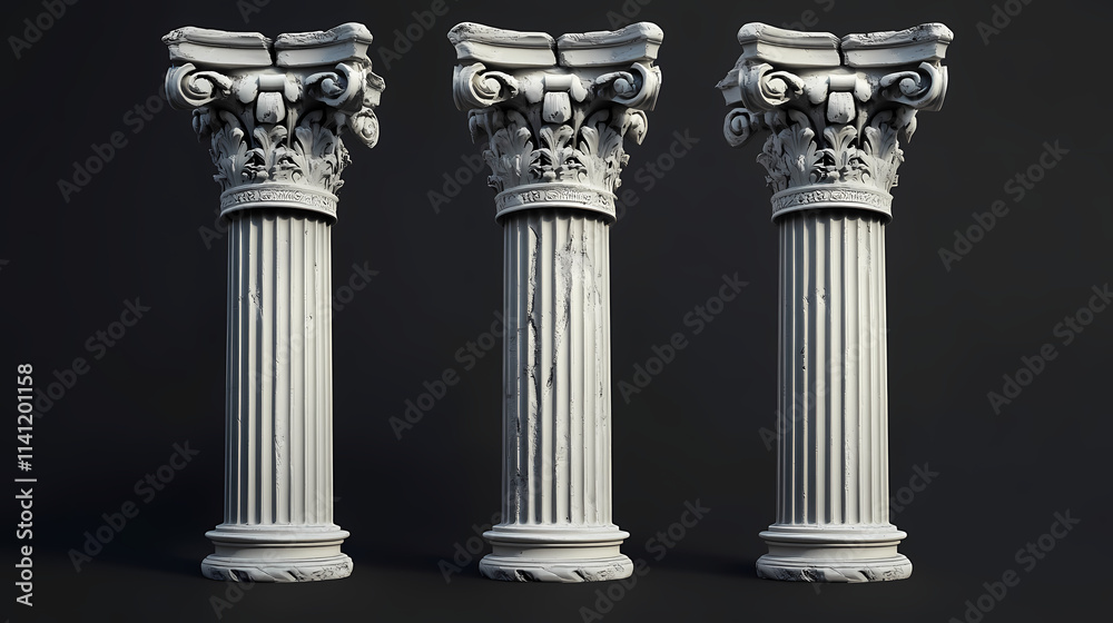 Three isolated greek columns with fluted shafts and ionic capitals. generative ai. Ionic. Illustration Three isolated greek columns with fluted shafts and ionic capitals. generative ai. Ionic. Illustration