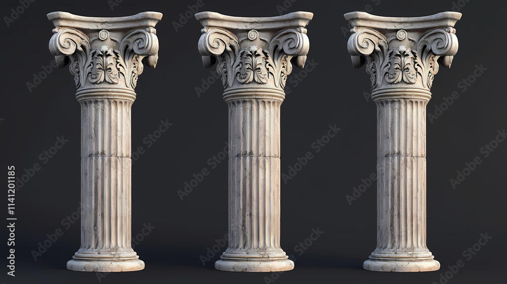 Three isolated greek columns with fluted shafts and ionic capitals. generative ai. Ionic. Illustration Three isolated greek columns with fluted shafts and ionic capitals. generative ai. Ionic. Illustration