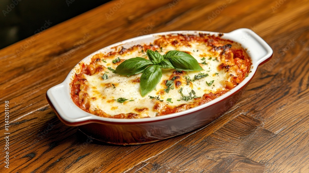 Delicious Homemade Lasagna with Fresh Basil on a Rustic Wooden Table Italian food Delicious Homemade Lasagna with Fresh Basil on a Rustic Wooden Table Italian food