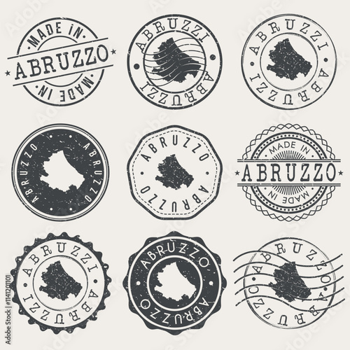 Abruzzo, Italy Set of Stamps. Country Travel Marks. Made In Product. Design Seals Old Style Insignia.