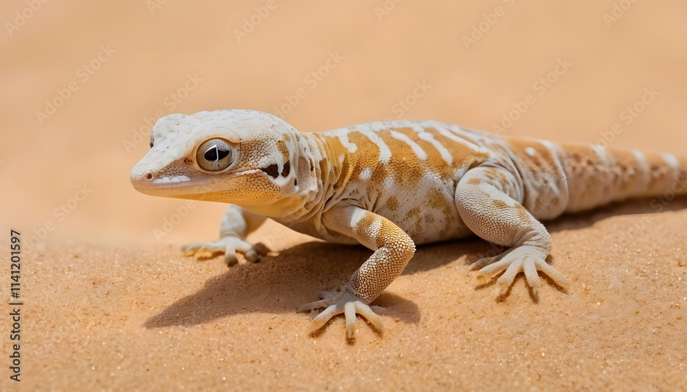 Naklejka premium Pale Gecko Lizard Basking on Desert Sands A Close-Up View of Wildlife
