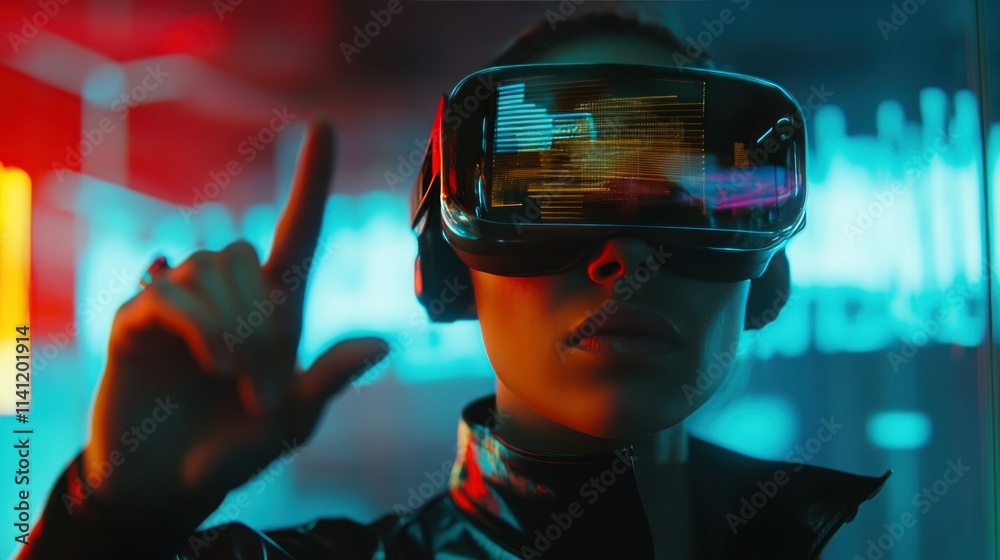 © hanisah - Women wearing VR goggles posing finger pointing and touching on the air connecting to internet metaverse system with holographic screen © hanisah - Women wearing VR goggles posing finger pointing and touching on the air connecting to internet metaverse system with holographic screen