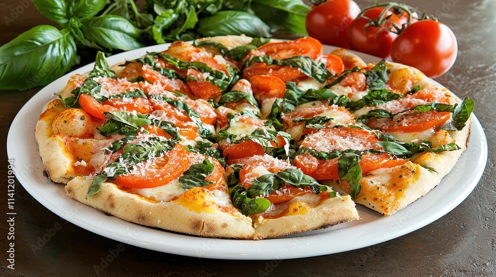 italian food Freshly Baked Pizza with Basil, Tomato, and Cheese, Served on White Plate