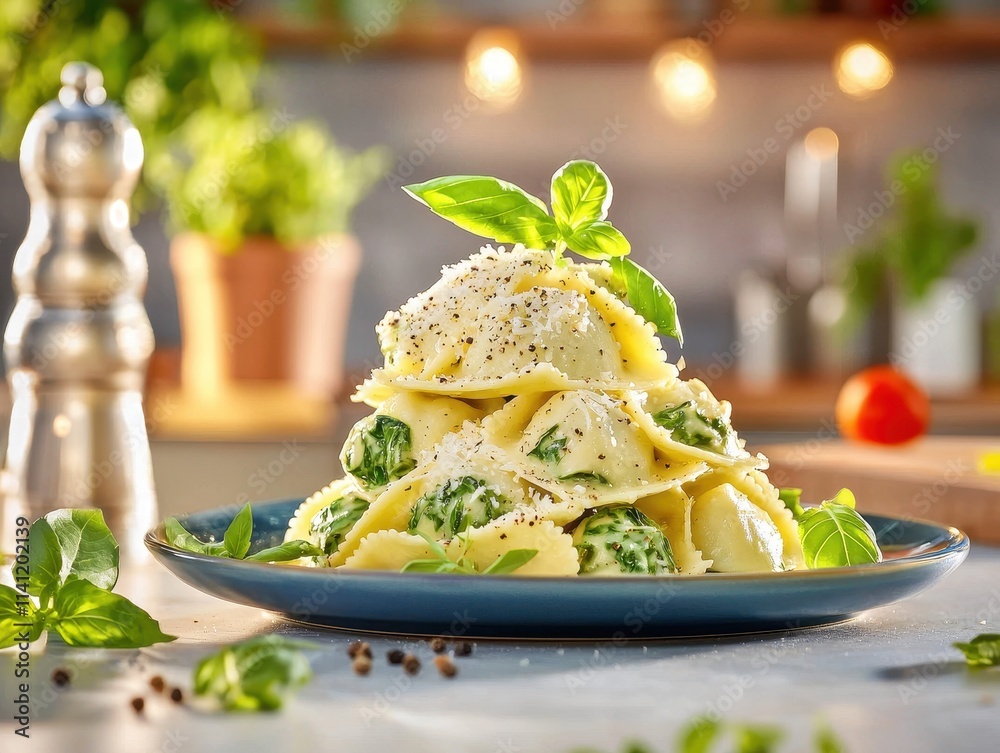 Gourmet ravioli pasta dish garnished with basil and cheese, served in a modern kitchen Italian food Gourmet ravioli pasta dish garnished with basil and cheese, served in a modern kitchen Italian food