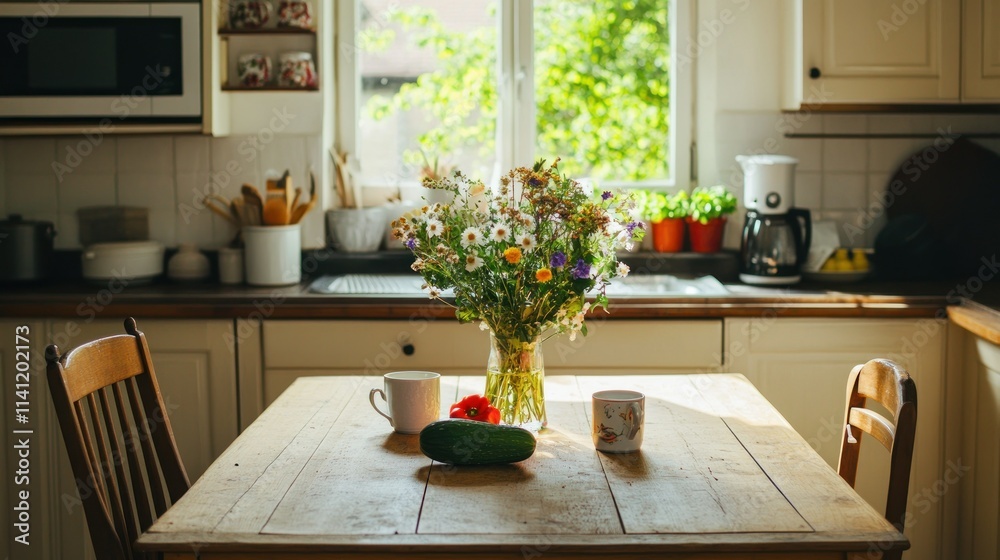 Wooden table with bunch of wildflowers in vase vegetables mug and two chairs standing in the center of spacious kitchen of country house Wooden table with bunch of wildflowers in vase vegetables mug and two chairs standing in the center of spacious kitchen of country house
