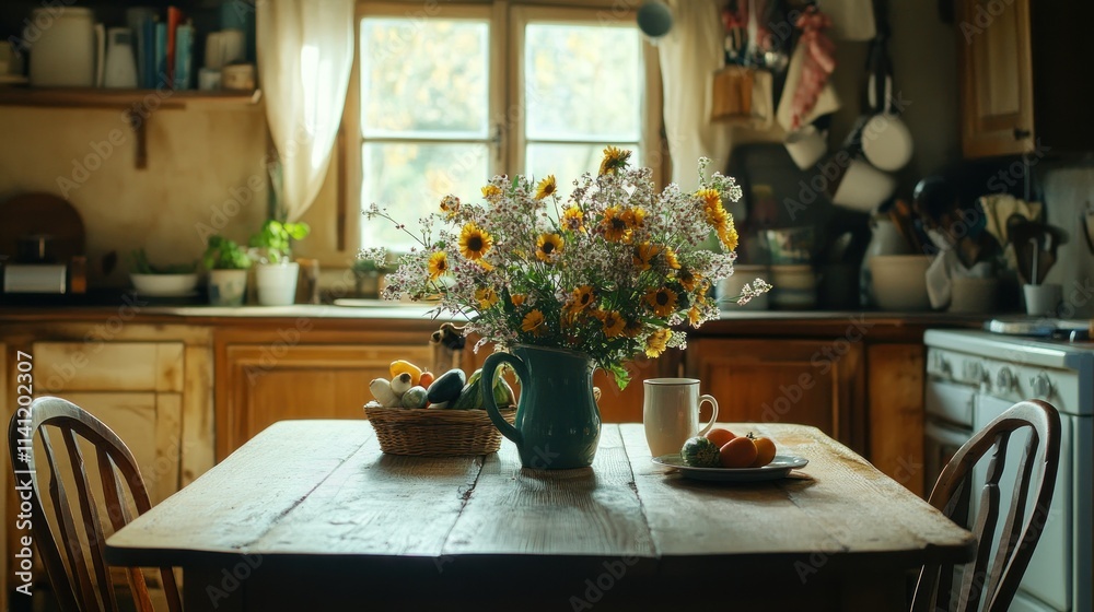 Wooden table with bunch of wildflowers in vase vegetables mug and two chairs standing in the center of spacious kitchen of country house Wooden table with bunch of wildflowers in vase vegetables mug and two chairs standing in the center of spacious kitchen of country house
