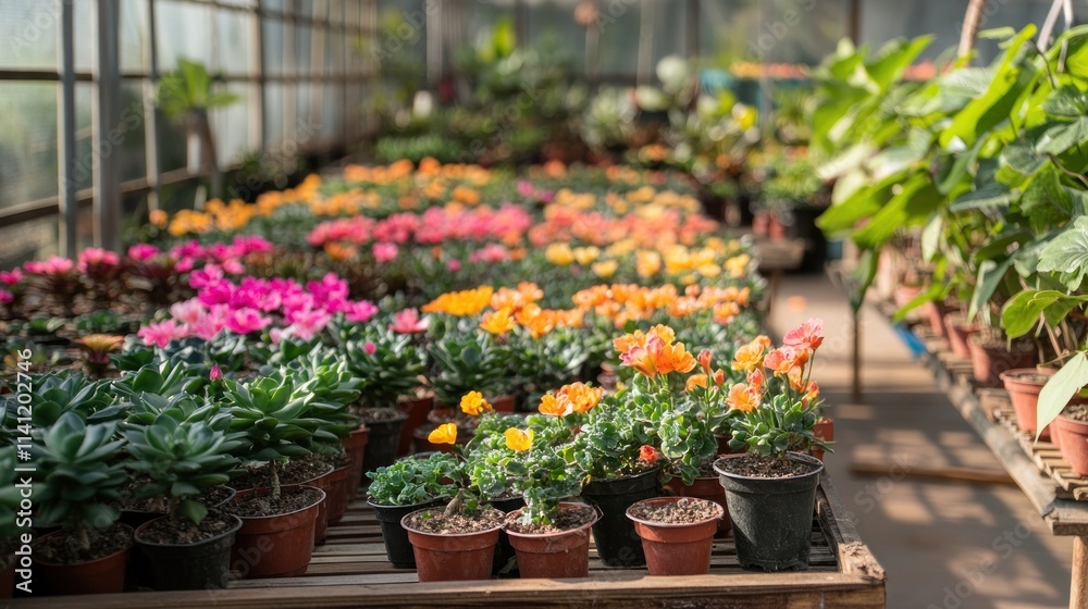 Greenhouse Rows Of Colorful Blooming Succulents And Flowers Greenhouse Rows Of Colorful Blooming Succulents And Flowers