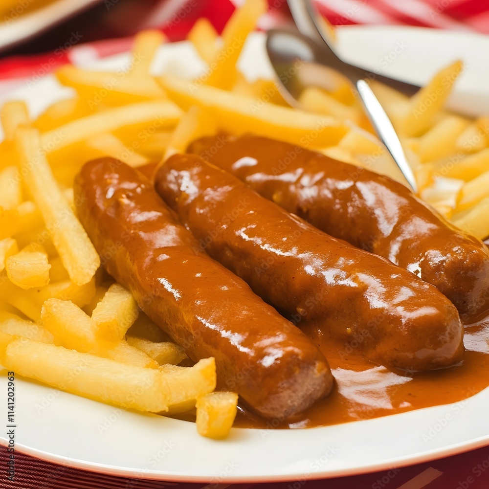 Unhealthy Sausage with fried french fries fast food meal Unhealthy Sausage with fried french fries fast food meal