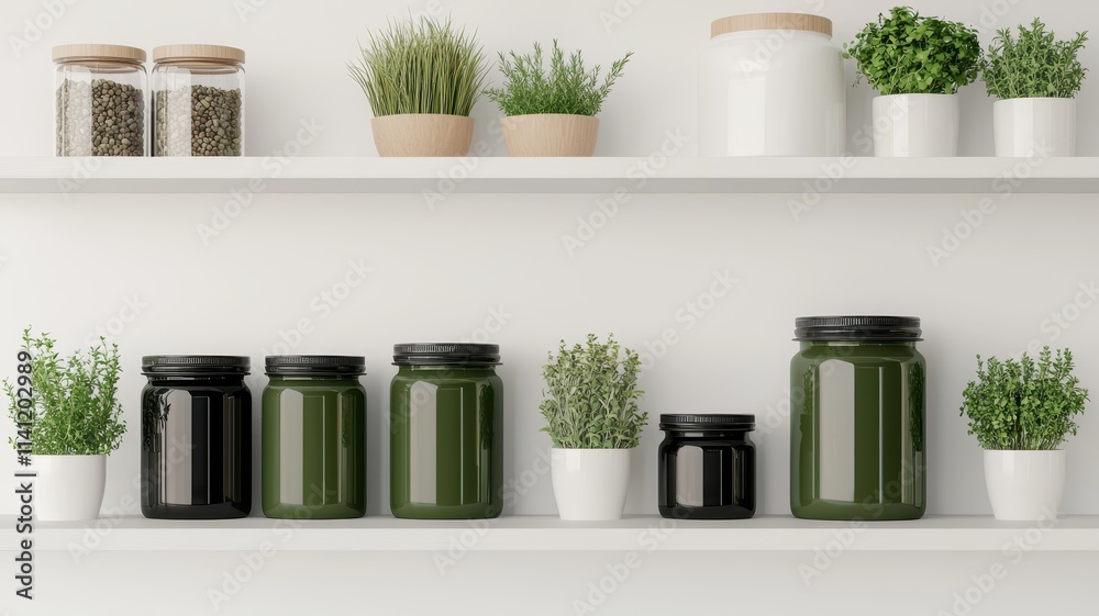 Modern Kitchen Shelves with Jars and Plants Modern Kitchen Shelves with Jars and Plants