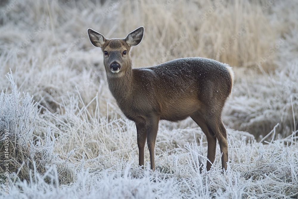 Young Deer Buck Standing in Frosted Grass on a Cold Winter Morning, Capturing the Essence of Wildlife in Winter Young Deer Buck Standing in Frosted Grass on a Cold Winter Morning, Capturing the Essence of Wildlife in Winter