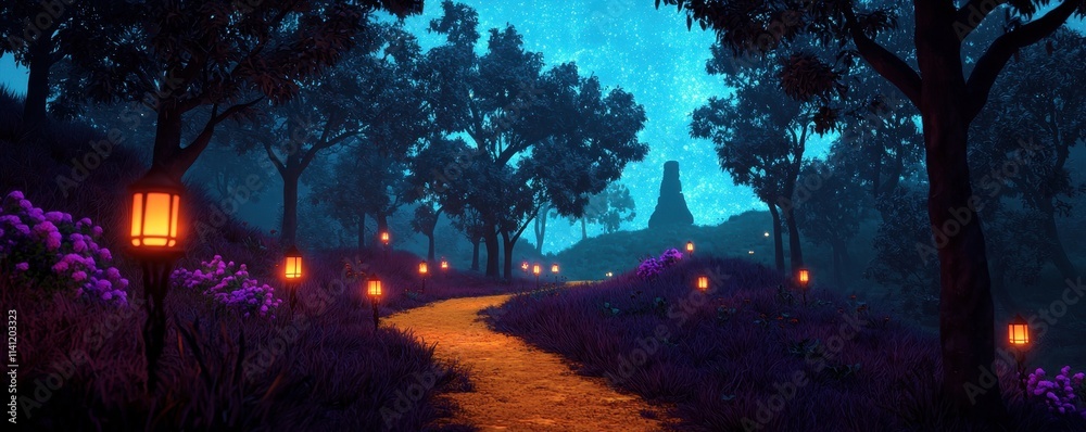 Fototapeta premium Magical Forest Path Night Fantasy Landscape