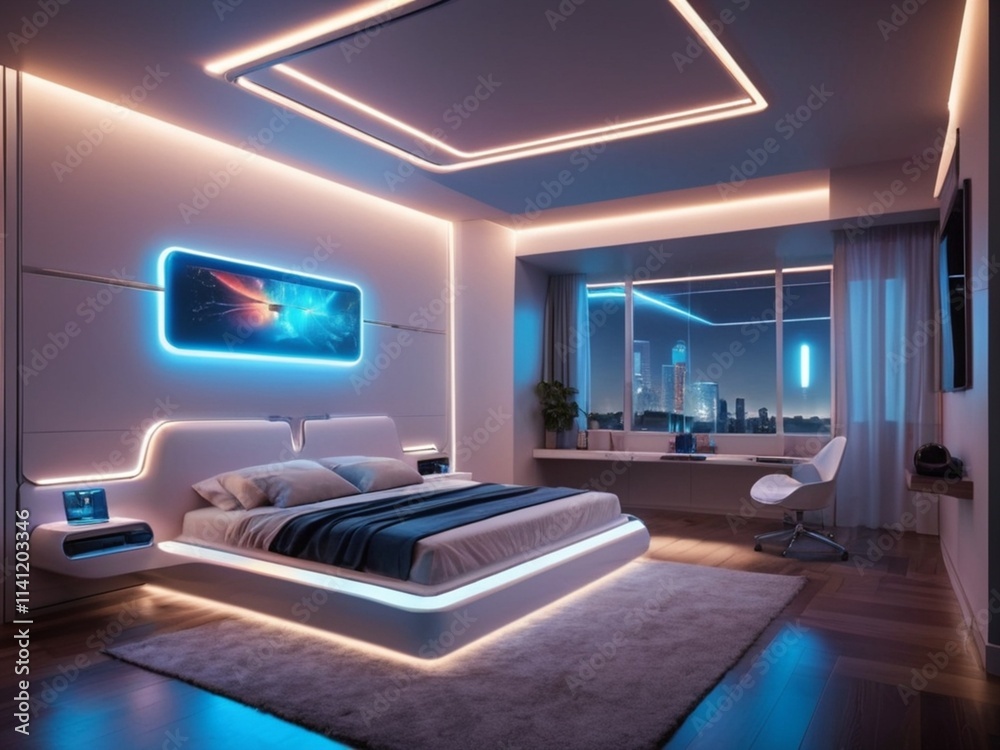 Futuristic bedroom with glowing LED strips, a sleek bed, and high tech features Futuristic bedroom with glowing LED strips, a sleek bed, and high tech features