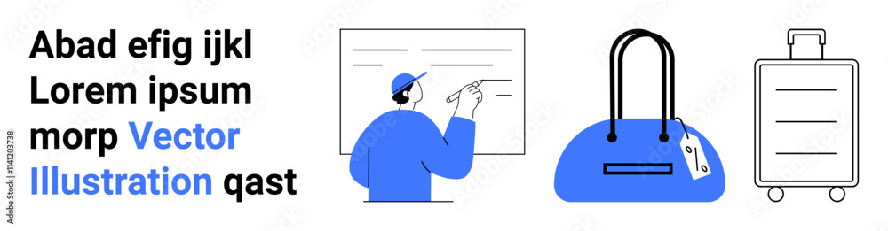 Presenter pointing at board, large blue bag with travel tag, suitcase with handle. Ideal for business planning, travel organization, education, training, presentations business trips. Landing page Presenter pointing at board, large blue bag with travel tag, suitcase with handle. Ideal for business planning, travel organization, education, training, presentations business trips. Landing page