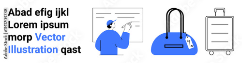 Presenter pointing at board, large blue bag with travel tag, suitcase with handle. Ideal for business planning, travel organization, education, training, presentations business trips. Landing page