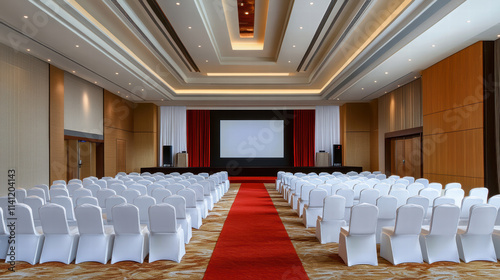 Professional conference room setup with high tech equipment, featuring rows of white chairs and central red carpet leading to large screen photo