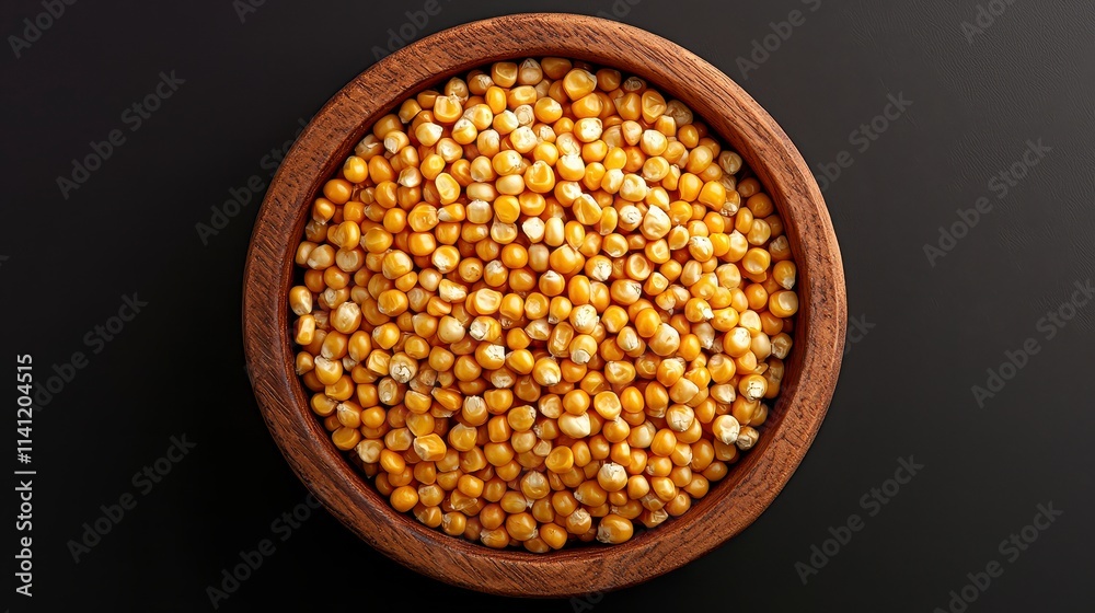 Golden Corn Kernels in Wooden Bowl on Dark Background Golden Corn Kernels in Wooden Bowl on Dark Background