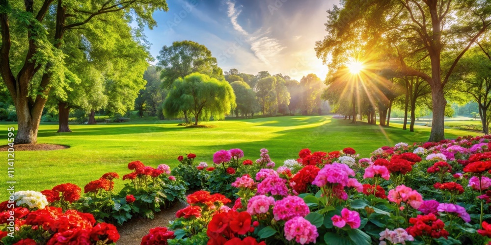 Fototapeta premium Vibrant geranium flowers surround a lush green grassy area in a serene park setting with blooming trees and sunshine, greenery, garden view