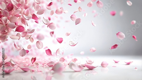 Softly falling pink sakura petals in gentle motion against a white background, creating a serene and peaceful atmosphere , serenity, tranquility