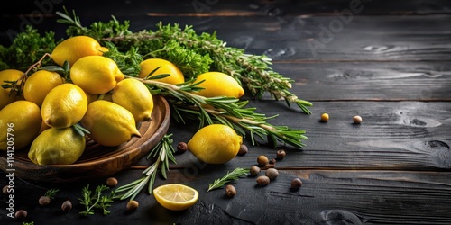 Freshly harvested lemons and olives on a dark wooden table against a black background with Mediterranean herbs like thyme and rosemary , food, table photo