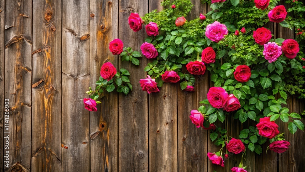 Dense rose bush against a rustic wooden wall with weathered wood texture and vines crawling up the surface Dense rose bush against a rustic wooden wall with weathered wood texture and vines crawling up the surface