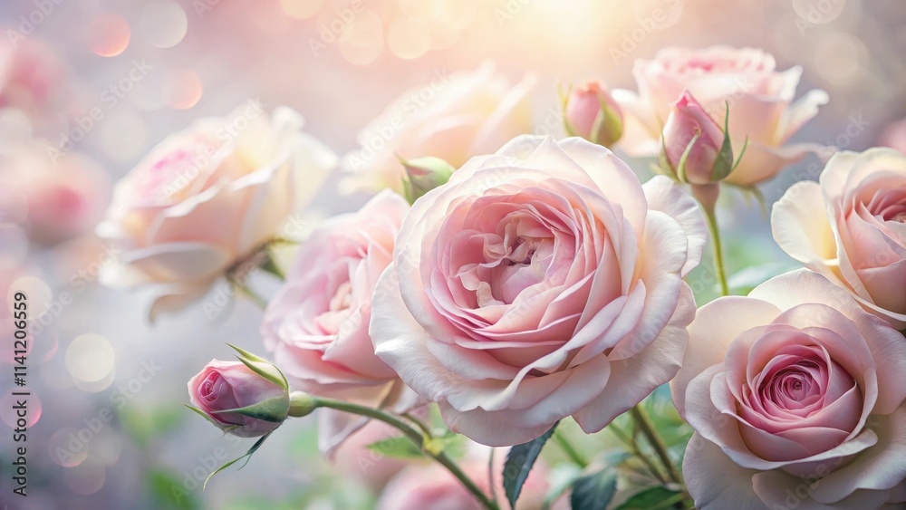 Delicate light pink roses with soft petals in a blur background, capturing their ethereal beauty in a dreamy atmosphere Delicate light pink roses with soft petals in a blur background, capturing their ethereal beauty in a dreamy atmosphere