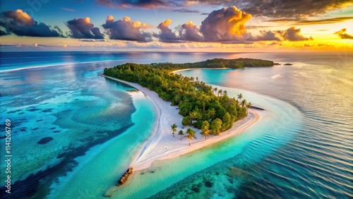 Aerial view of Paradise Island at sunset with white sandy beaches and turquoise waters, surrounded by crystal clear lagoon and coral reefs , turquoise, aerial view
