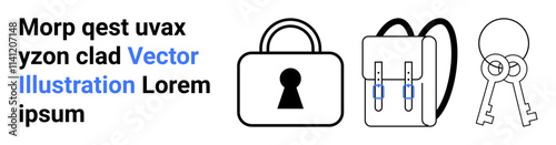 Lock with keyhole, backpack with buckles, and a pair of keys. Ideal for security, protection, privacy, data safety, personal belongings travel safety and digital security concepts. Landing page