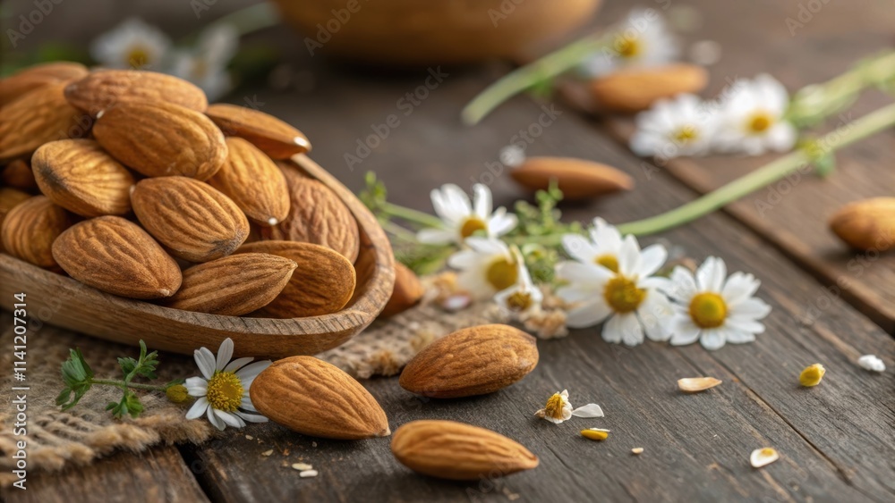 A rustic wooden table provides the backdrop for a dynamic closeup of freshly harvested almonds their golden brown surfaces glistening invitingly. A hint of crushed chamomile A rustic wooden table provides the backdrop for a dynamic closeup of freshly harvested almonds their golden brown surfaces glistening invitingly. A hint of crushed chamomile