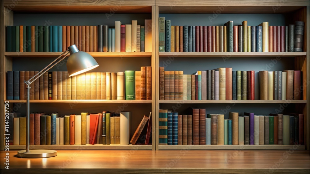 Books on shelf with reading light in background, study, books, study Books on shelf with reading light in background, study, books, study